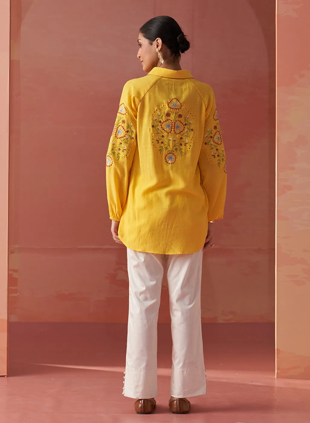 Mayal Yellow Embroidered Cotton Linen Shirt for Women