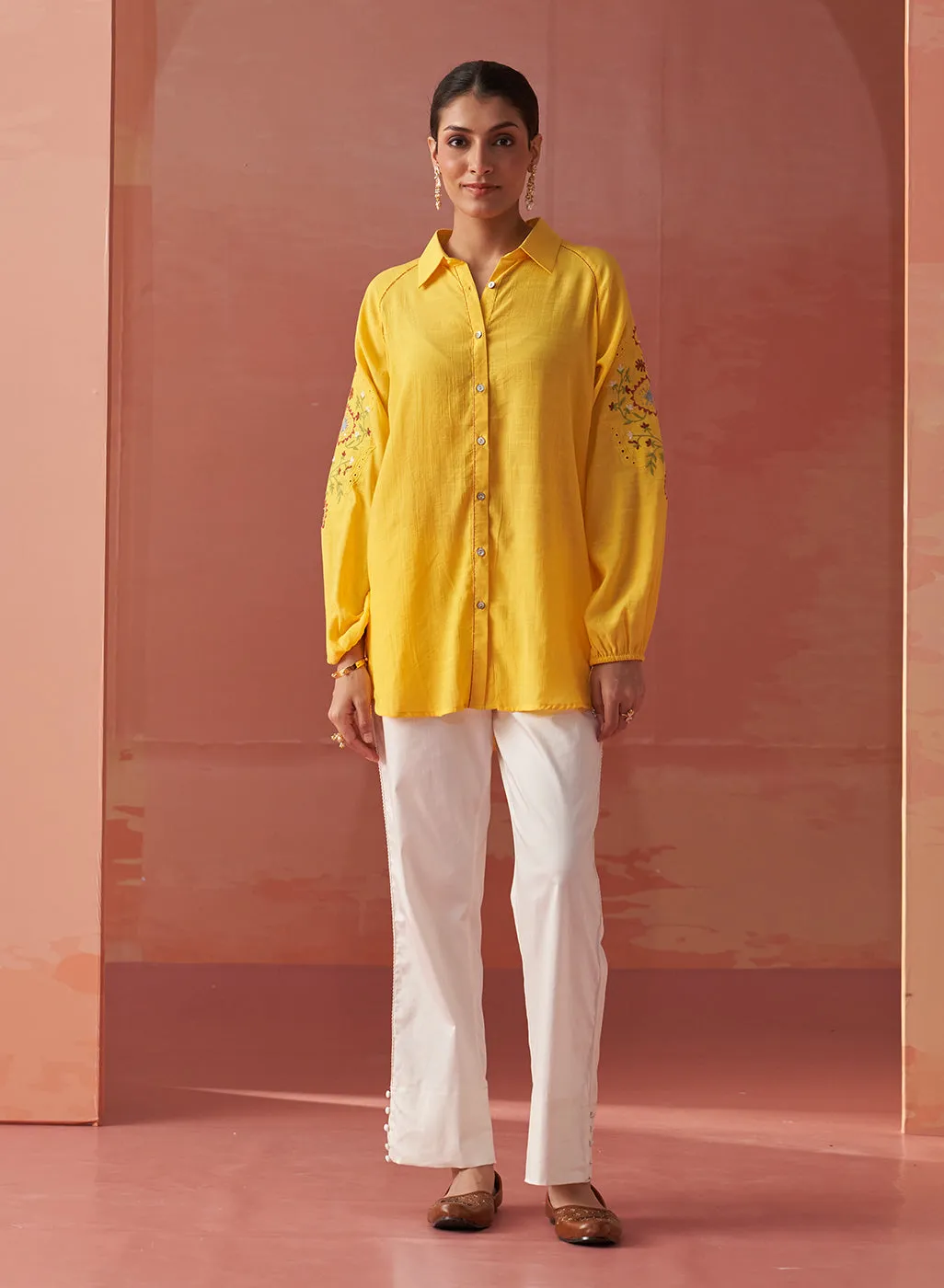 Mayal Yellow Embroidered Cotton Linen Shirt for Women