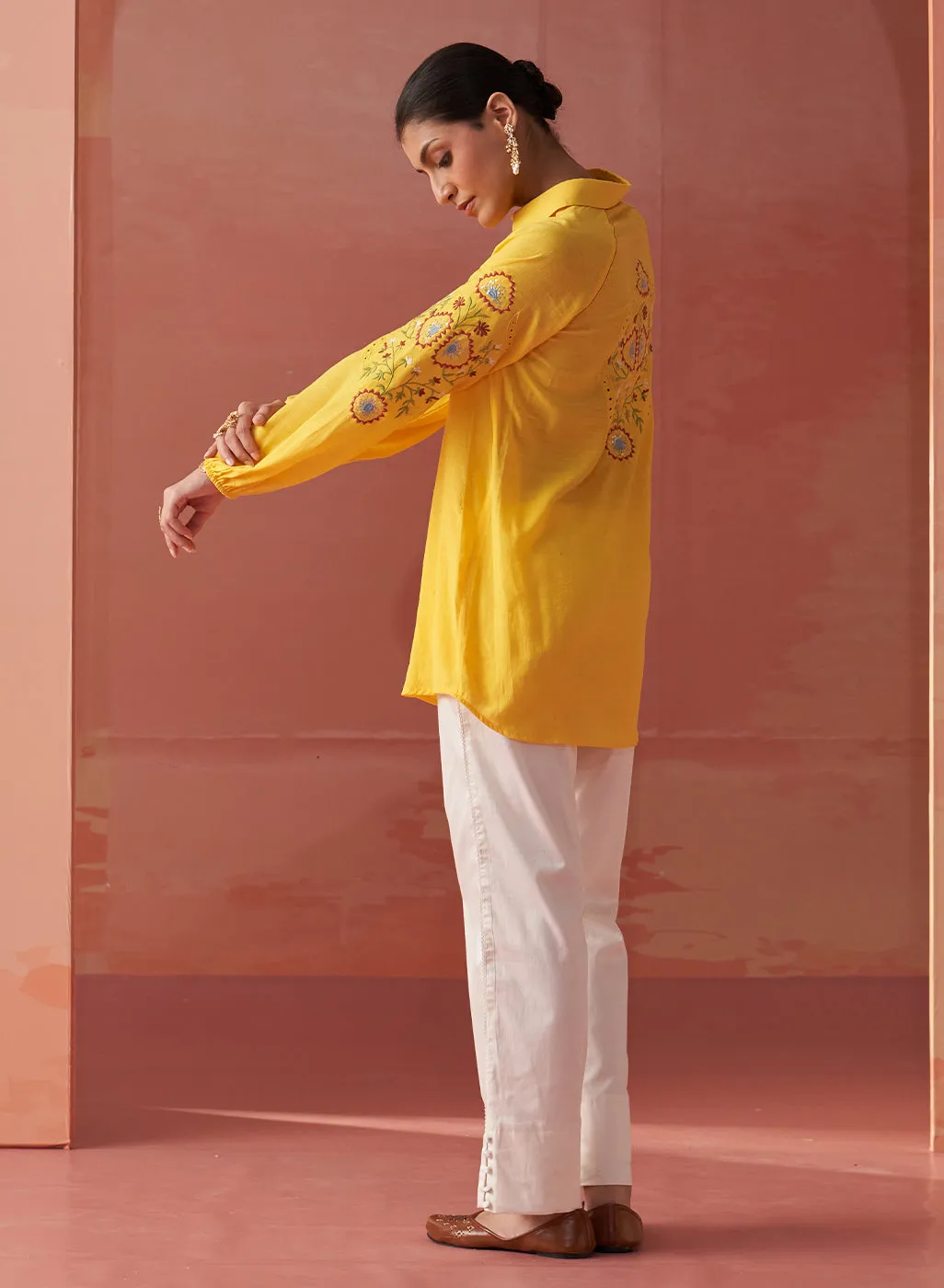 Mayal Yellow Embroidered Cotton Linen Shirt for Women