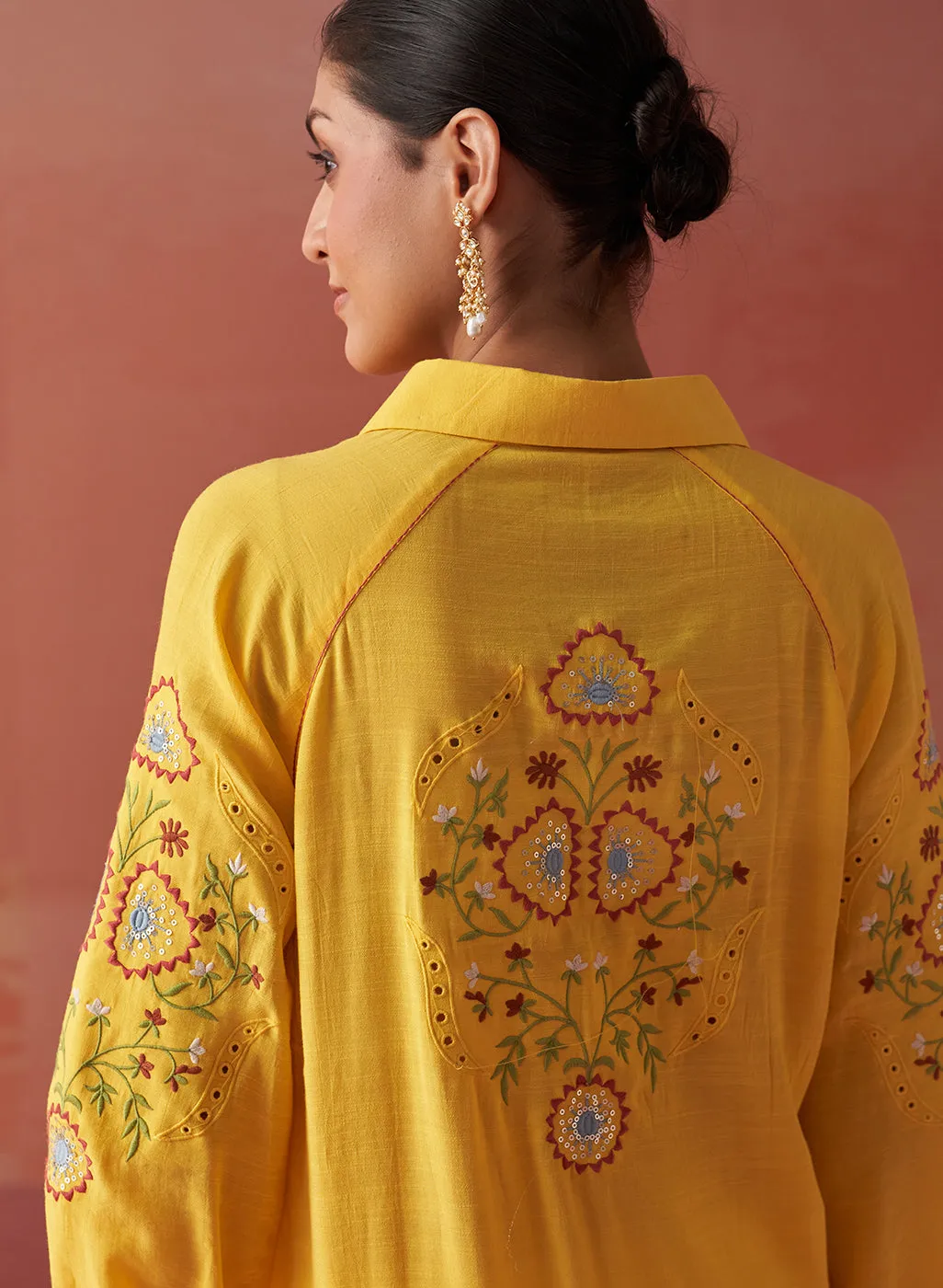 Mayal Yellow Embroidered Cotton Linen Shirt for Women