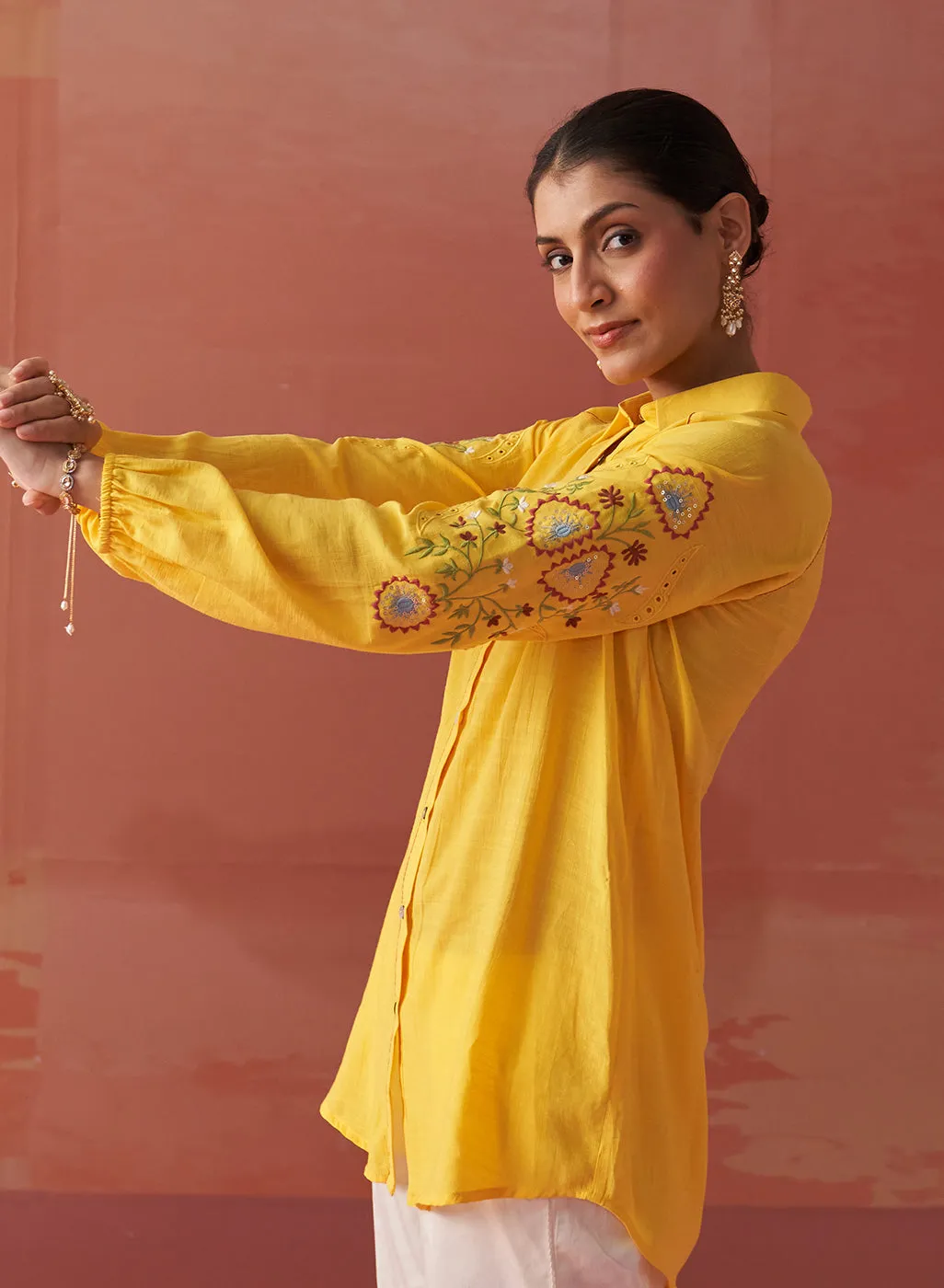 Mayal Yellow Embroidered Cotton Linen Shirt for Women