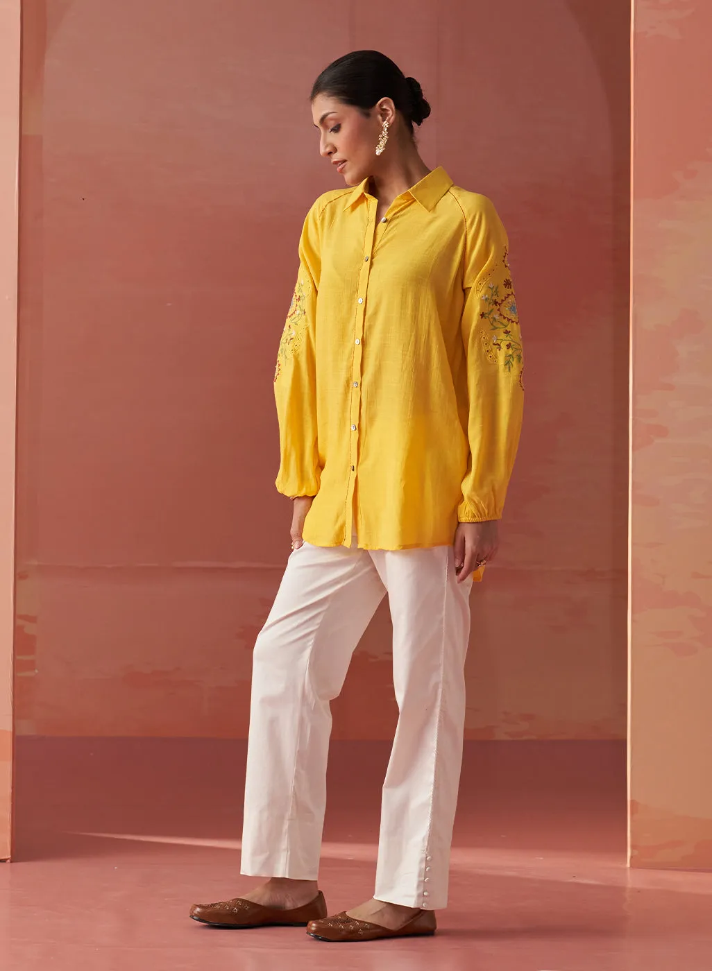 Mayal Yellow Embroidered Cotton Linen Shirt for Women