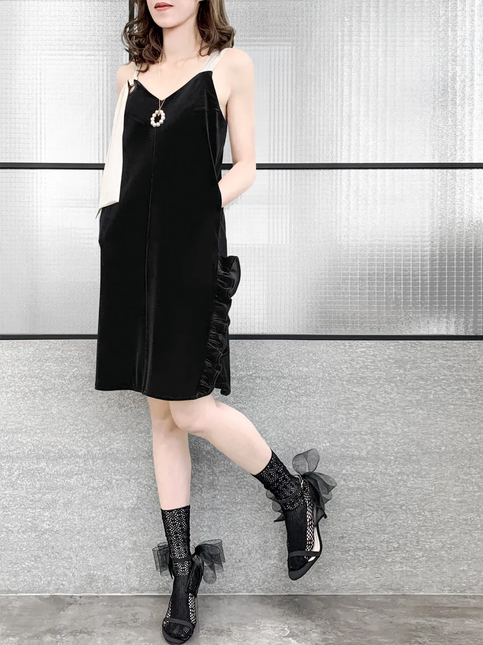 Surprise Sale! Asymmetrical Tie Shoulder Ruffle Side Slit Velvet Shift Dress
