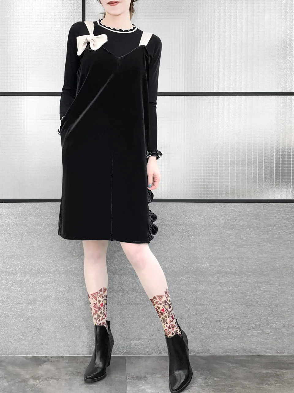 Surprise Sale! Asymmetrical Tie Shoulder Ruffle Side Slit Velvet Shift Dress