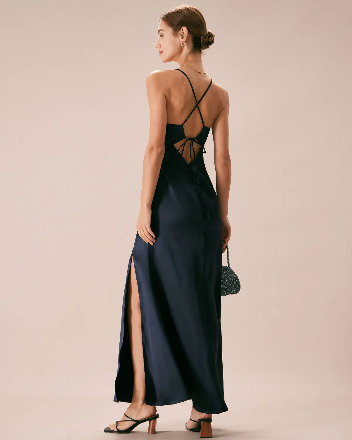The Navy V-Neck Ruched Satin Sling Maxi Dress