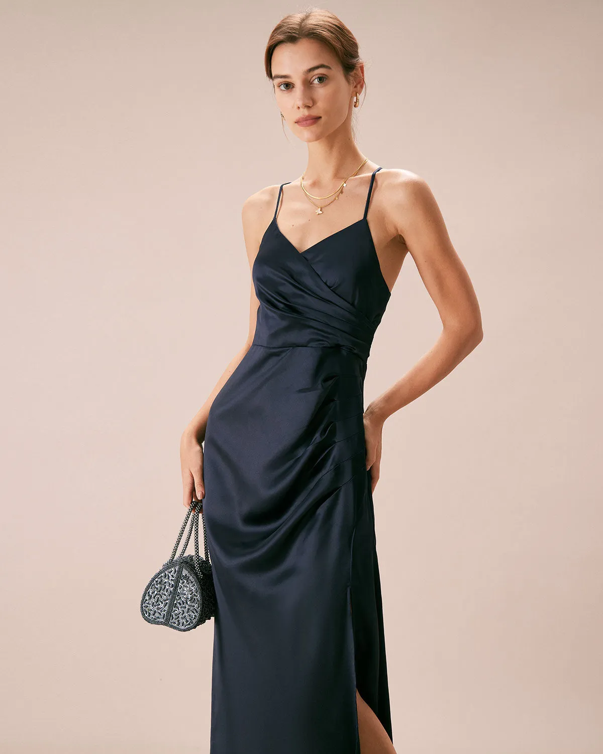 The Navy V-Neck Ruched Satin Sling Maxi Dress